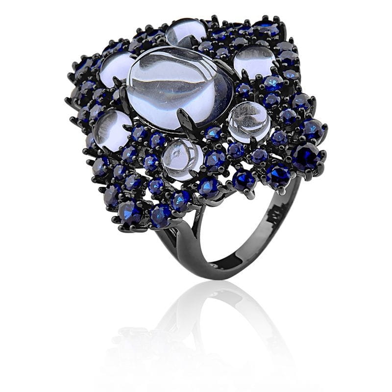 Anel Com Cabochões Cor Ametista Lavanda Folheado a Ródio Negro