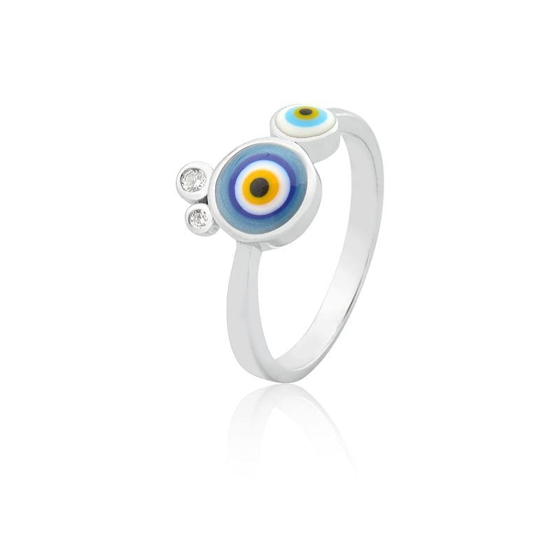 Anel com Dois Olhos Gregos Esmaltados Prata Rodinada