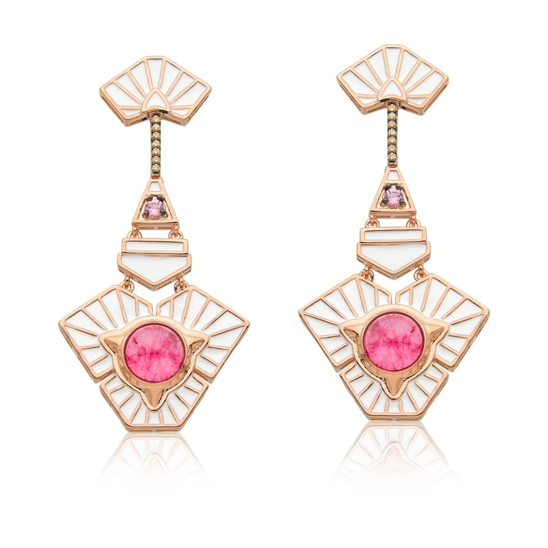 Brinco Pêndulo Esmaltado e Cabochão Rosa Folheado a Ouro Rosê