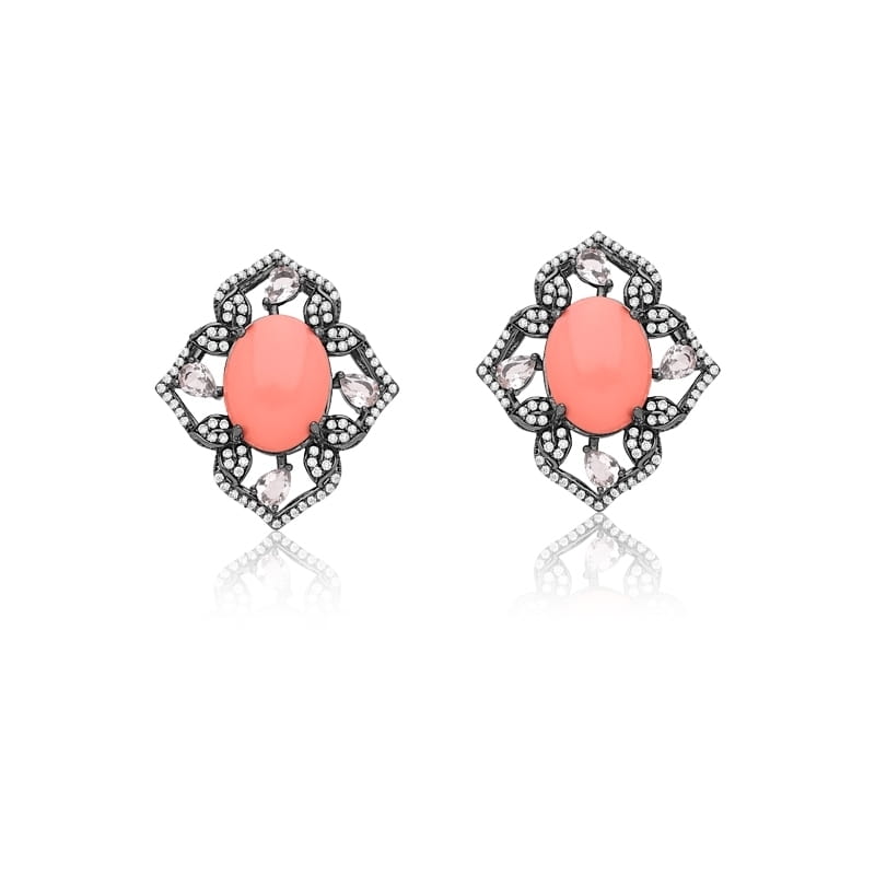 Brinco Flor com Cabochão Oval/Cor Coral Folheado a Ródio Negro