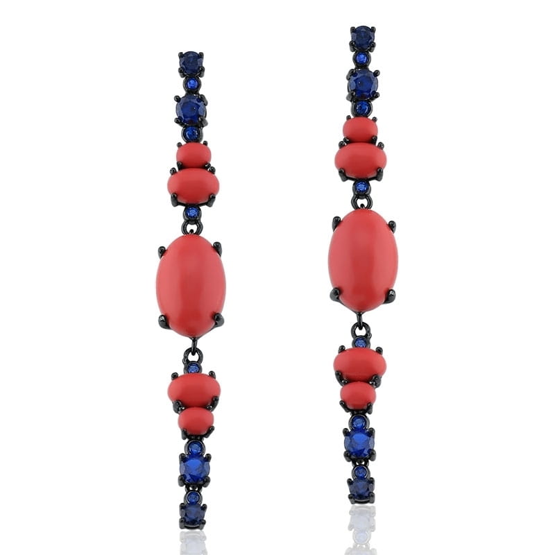 Brinco Pêndulo com Cabochões Corais Folheado a Ródio Negro