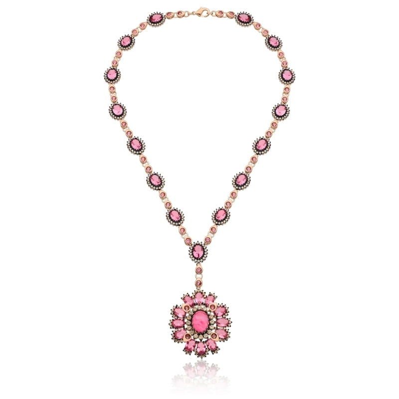 Colar com Pingente de Flor Cristais Rosas Folheada a Ouro Rosê