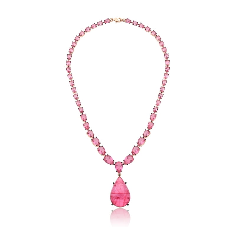 Colar com Cristais em Gota na Cor Rosa Folheado a Ouro Rosê