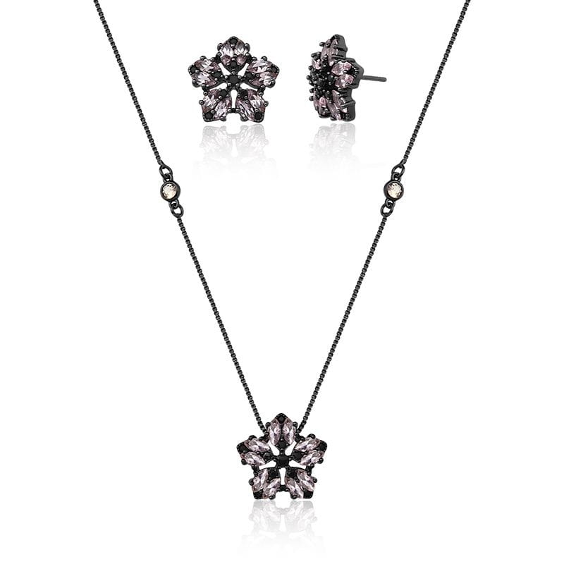 Conjunto Brinco/Corrente e Pingente Flor Folheado a Ródio Negro