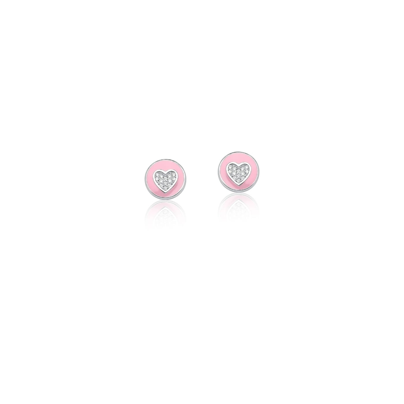 Brinco Redondo Esmaltado Rosa e Coração Branco Prata Rodinada