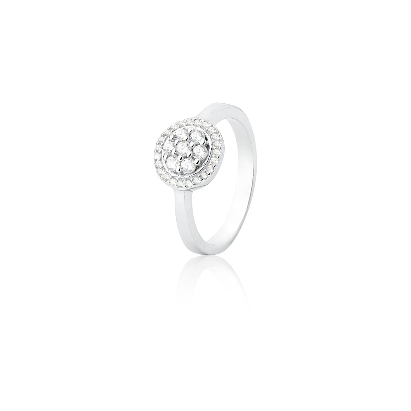 Anel Redondo Flor com Zircônias Brancas Prata Rodinada