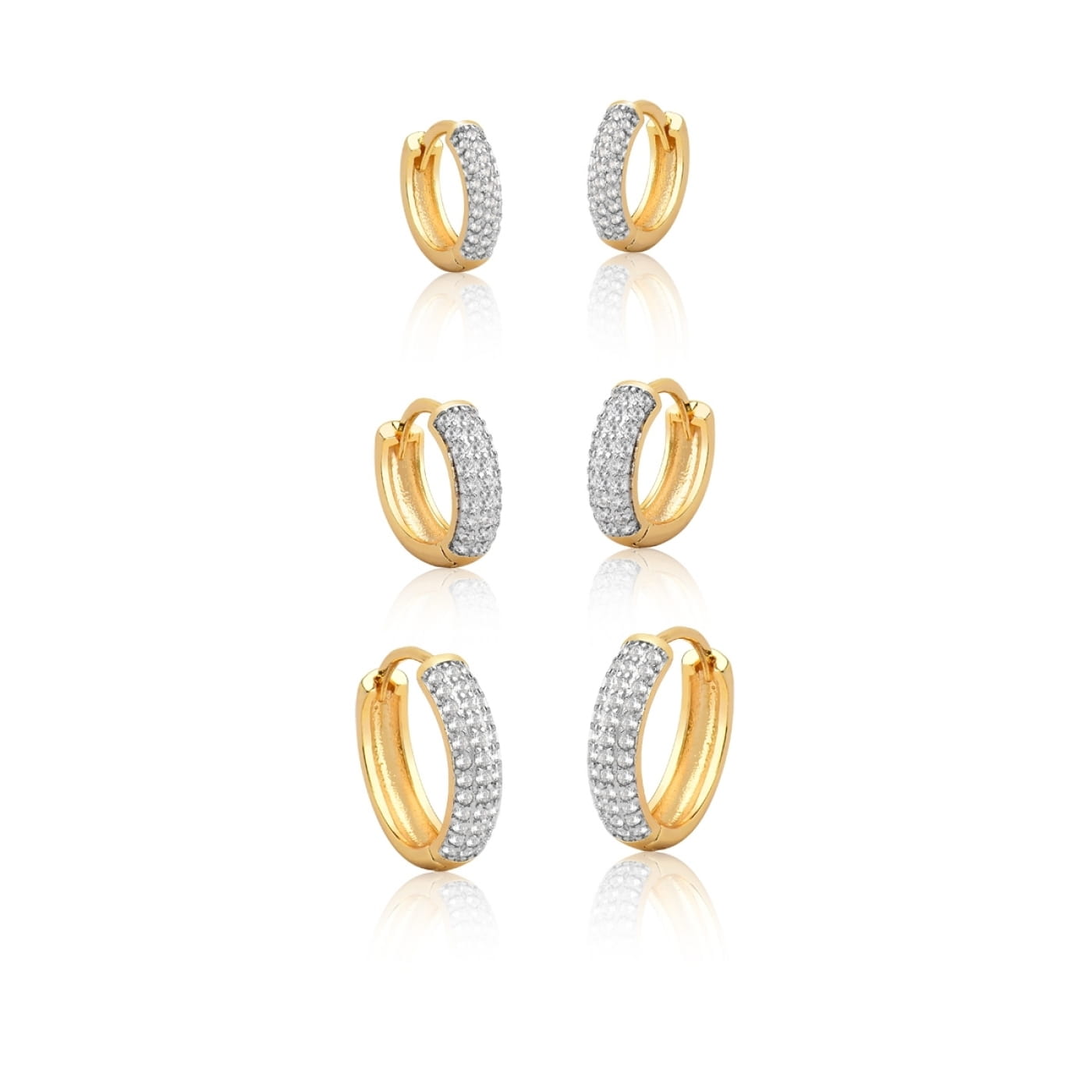 Kit Três Pares de Argolas com Zirconias Brancas Folheado a Ouro