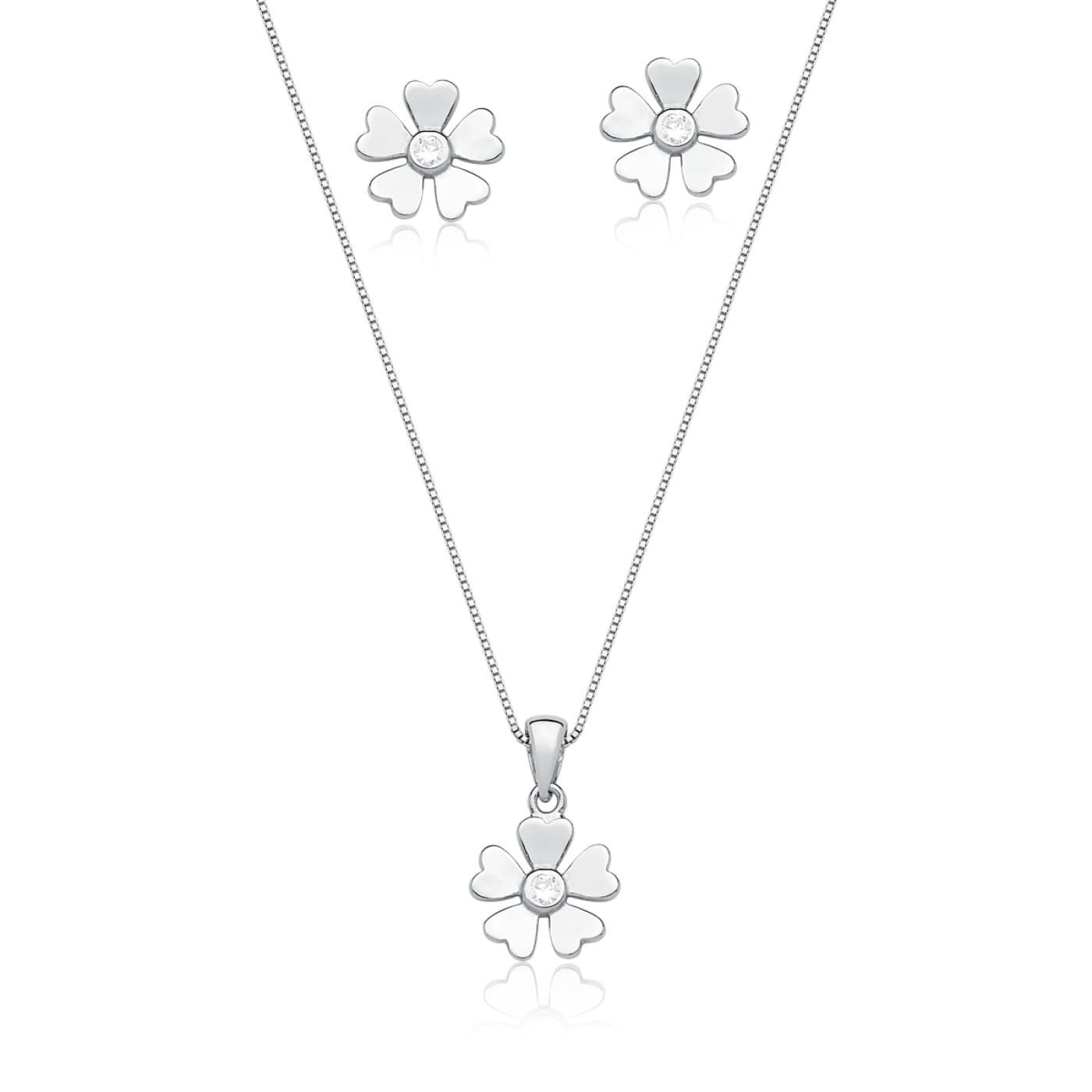 Conjunto Brinco e Corrente com Pingente Flor Prata Rodinada