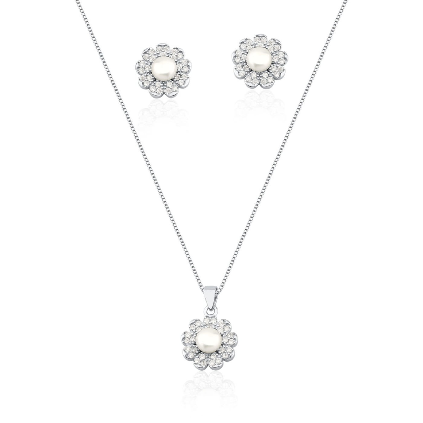 Conjunto Brinco e Corrente com Pingente Flor Prata Rodinada