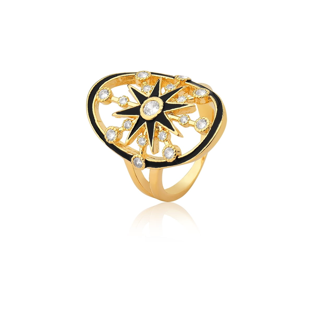 Anel Oval com Estrela Esmaltado Preto Folheado a Ouro
