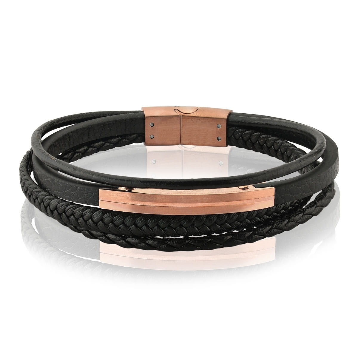 Pulseira Quatro Voltas em Couro Sintético Preto Aço Rosê