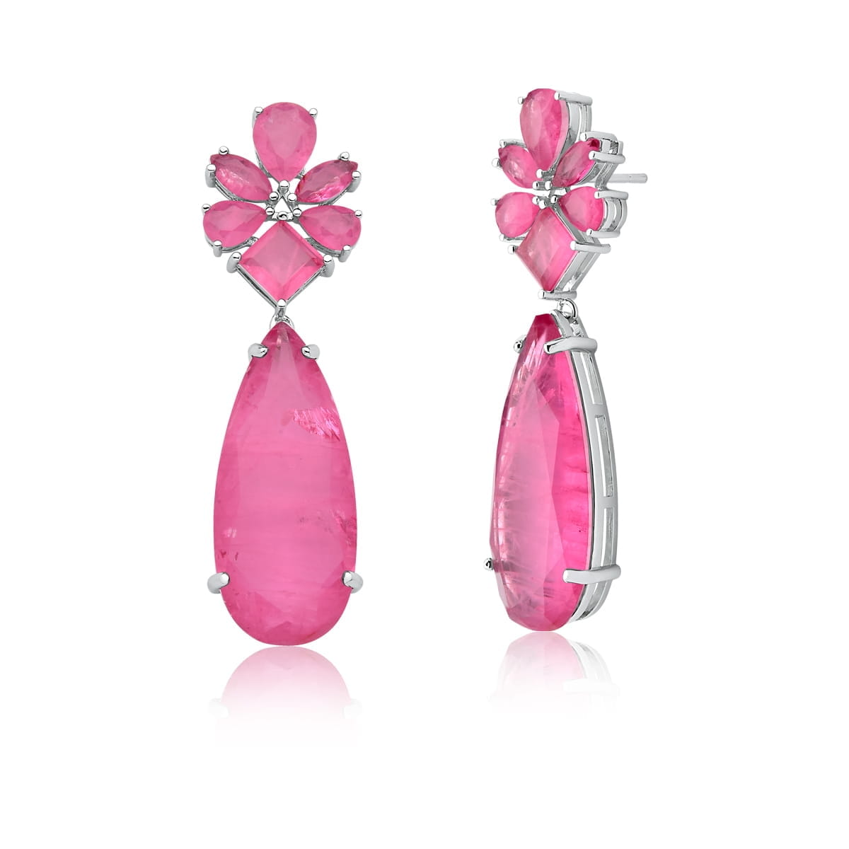 Brinco Pêndulo Flor com Cristais Cor Rosa Folheado a Ródio