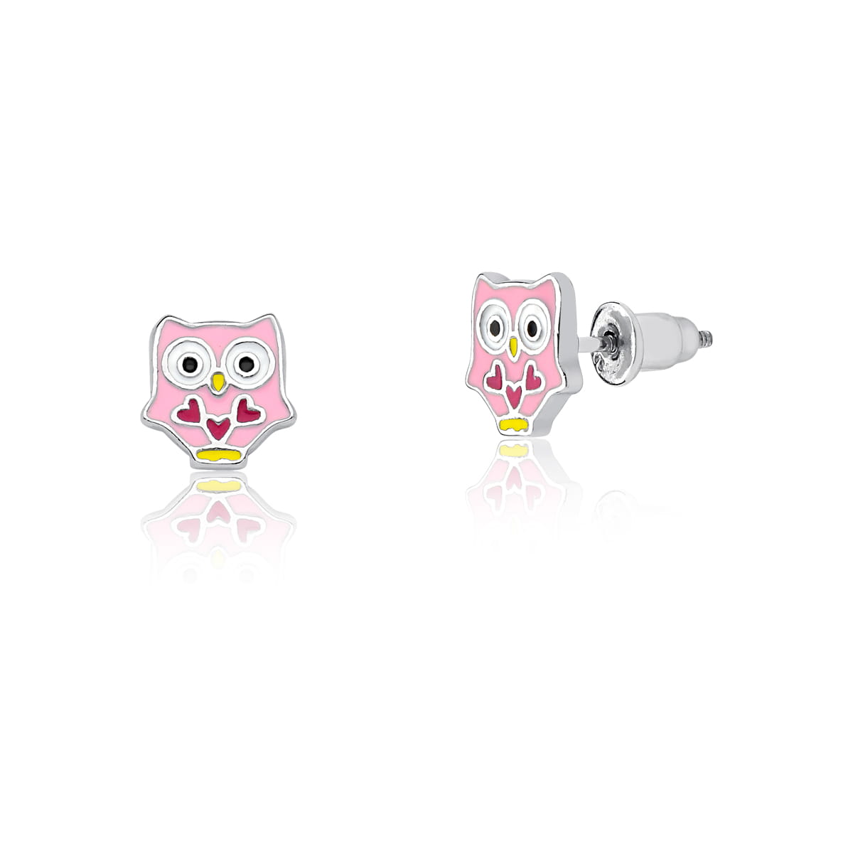 Brinco Kids de Coruja Esmaltado na Cor Rosa Prata Rodinada