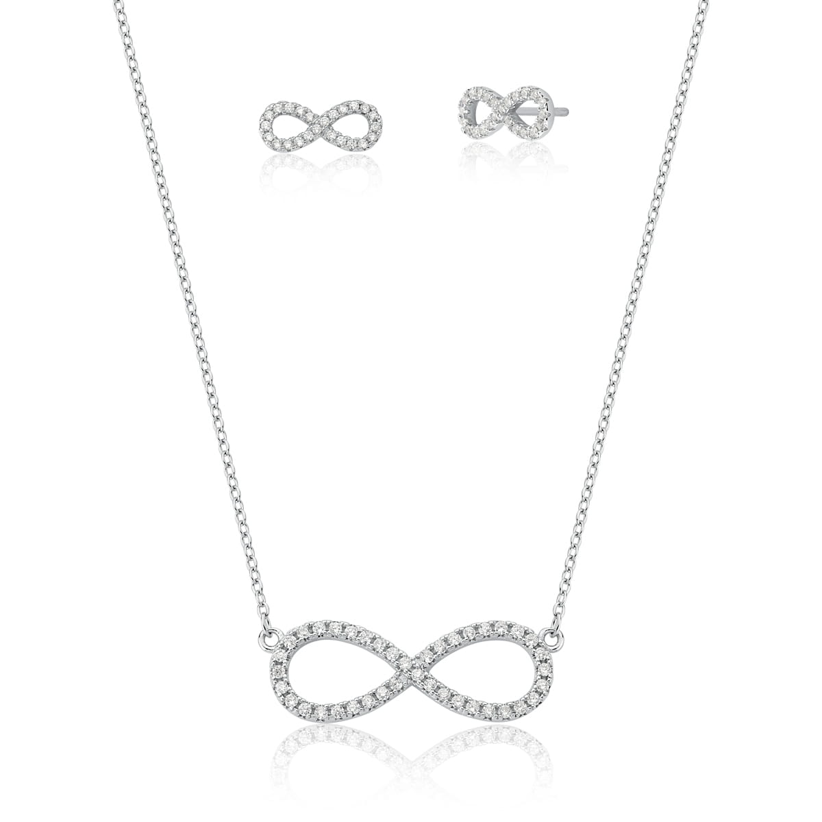 Conjunto Brinco e Corrente com Pingente Infinito Prata Rodinada