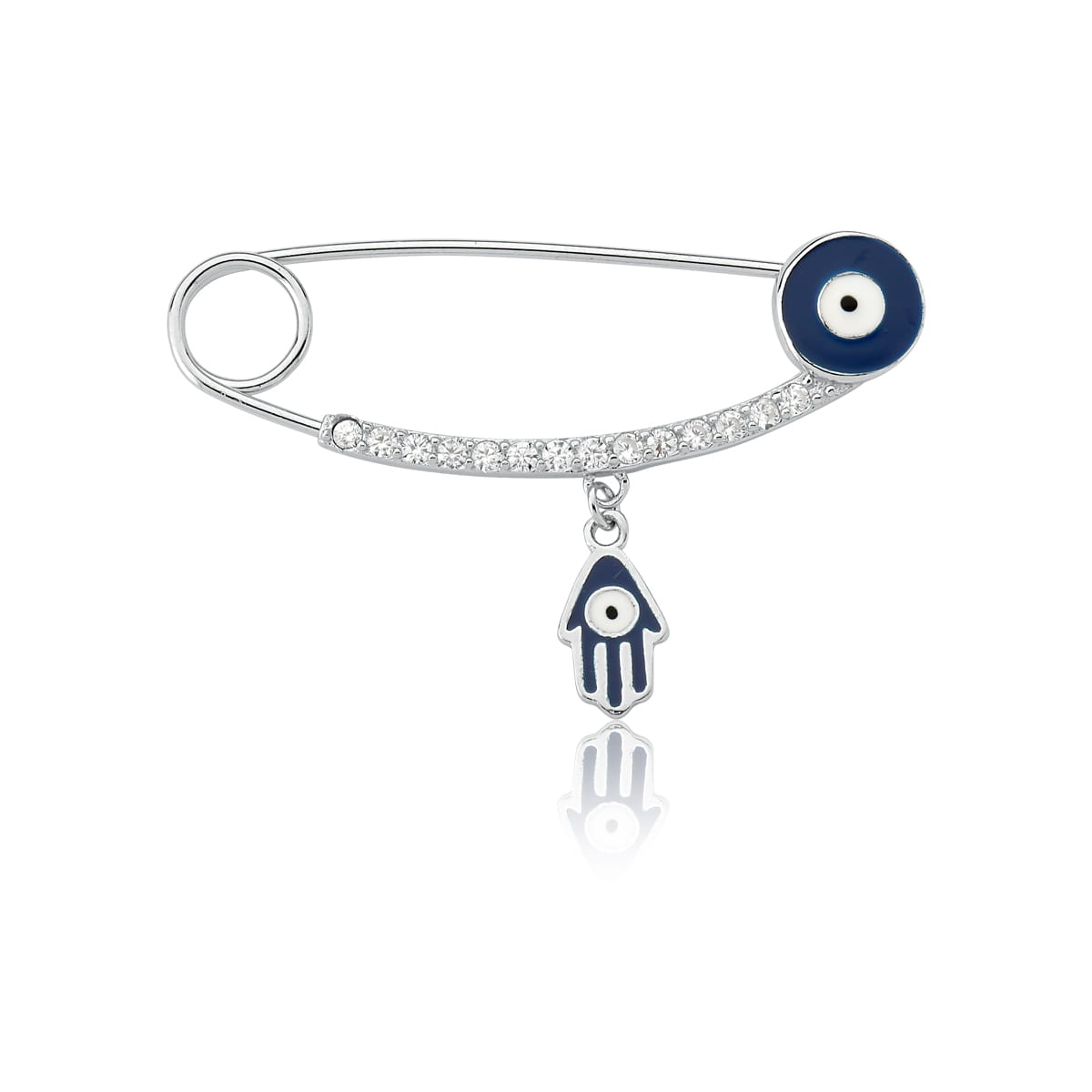 Broche Alfinete com Olho Grego Azul Prata Rodinada