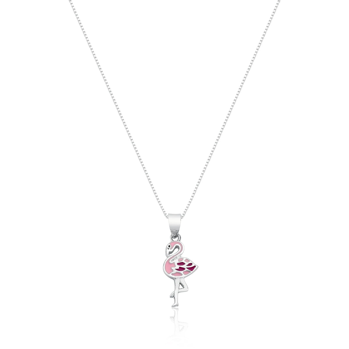 Corrente com Pingente Kids de Flamingo Rosa em Prata Rodinada