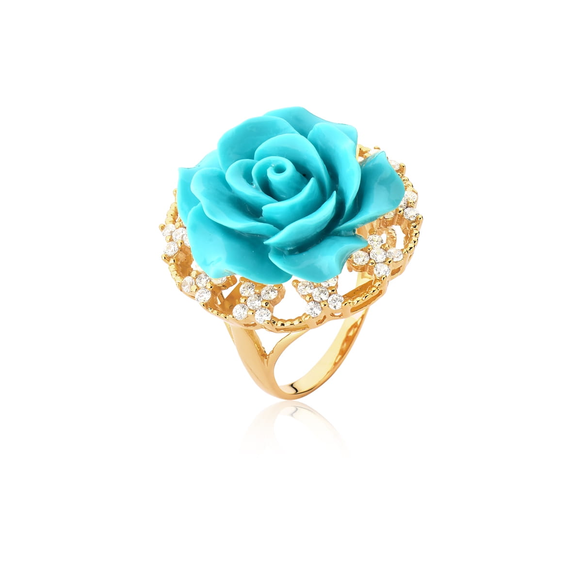 Anel Flor de Baquelite na Cor Turquesa Folheado a Ouro