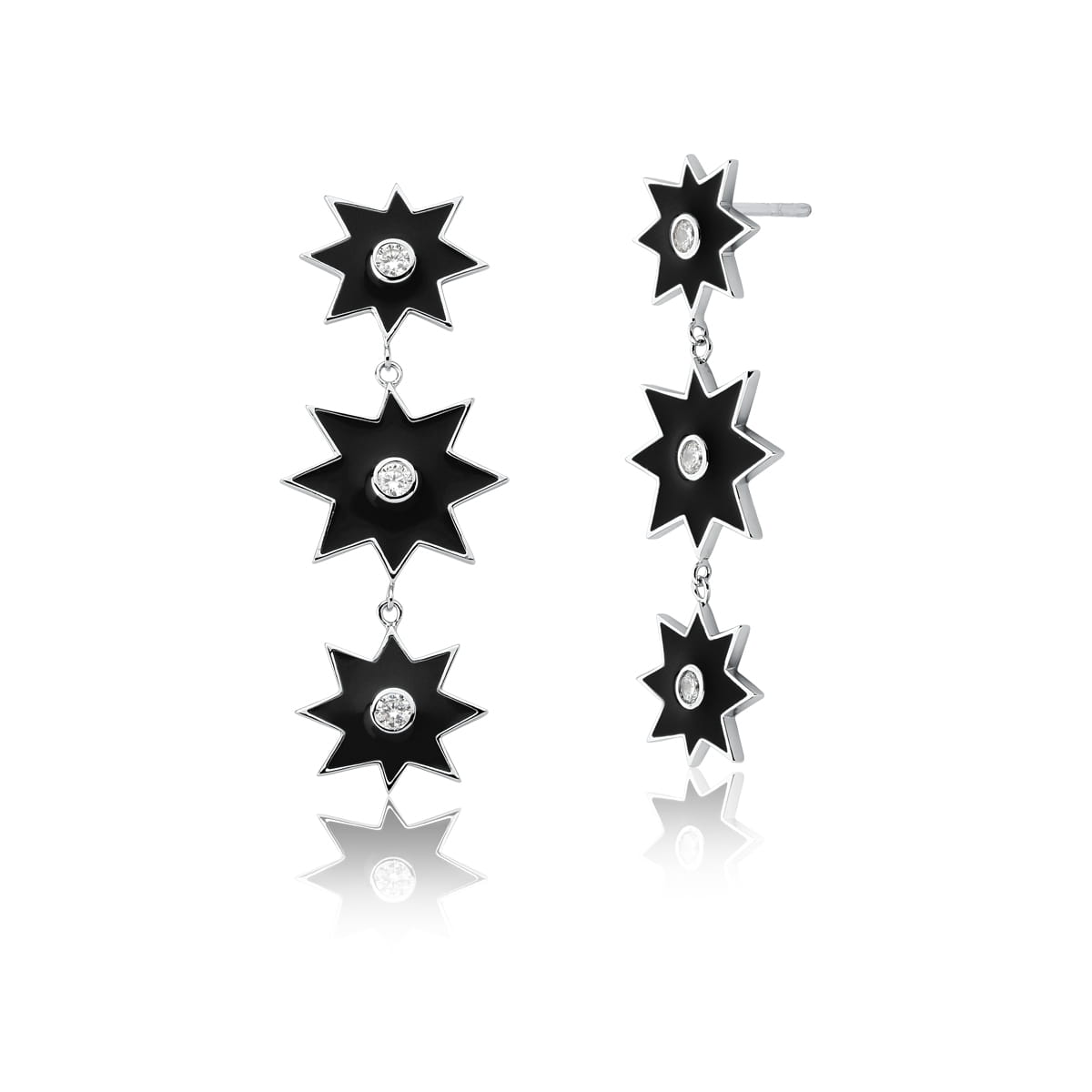 Brinco Pêndulo com Estrelas Esmaltado Preto Folheado a Ródio