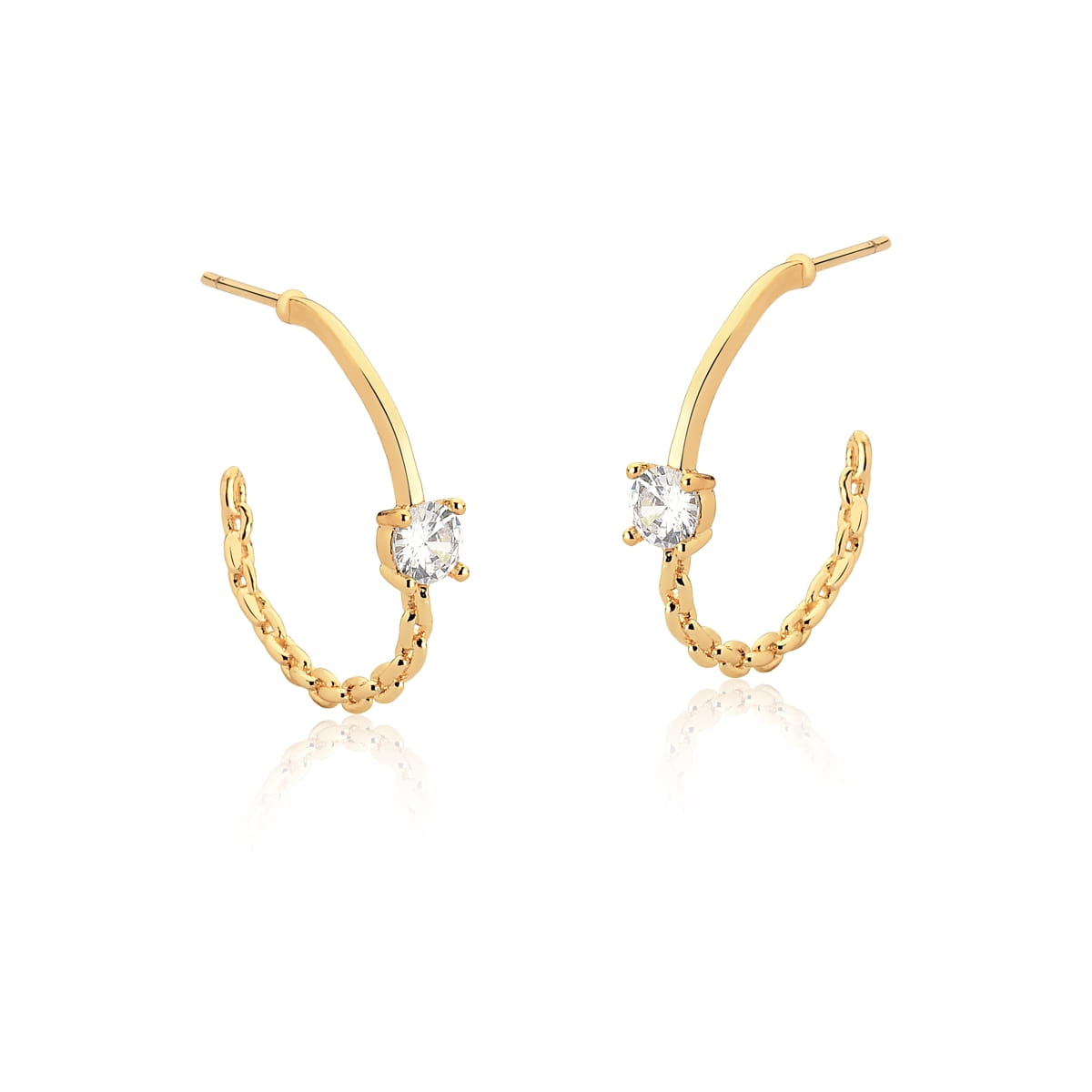 Meia Argola com Elos e Cristal Redondo Branco Folheada a Ouro