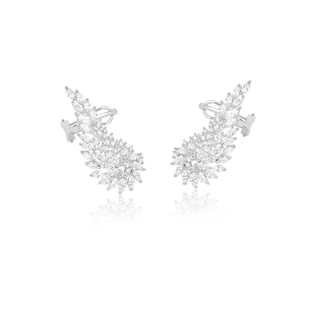 Brinco Ear Cuff Asa e Zircônias Navetes Brancas Folheado a Ródio