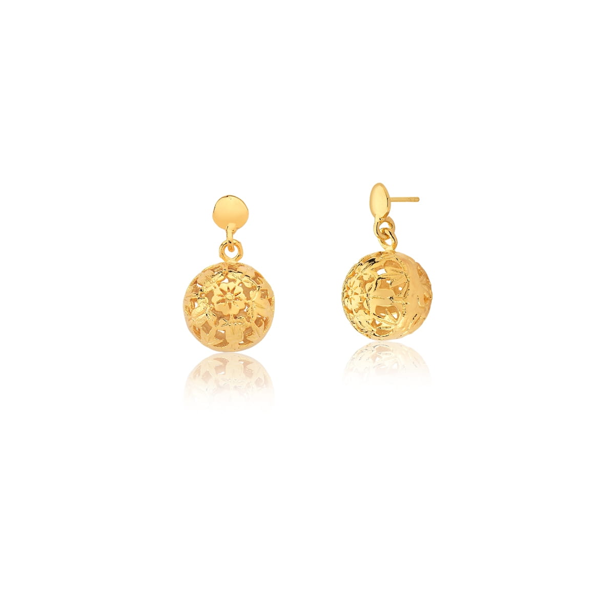 Brinco Pêndulo e Bola Trabalhada de Flores Lisa Folheado a Ouro