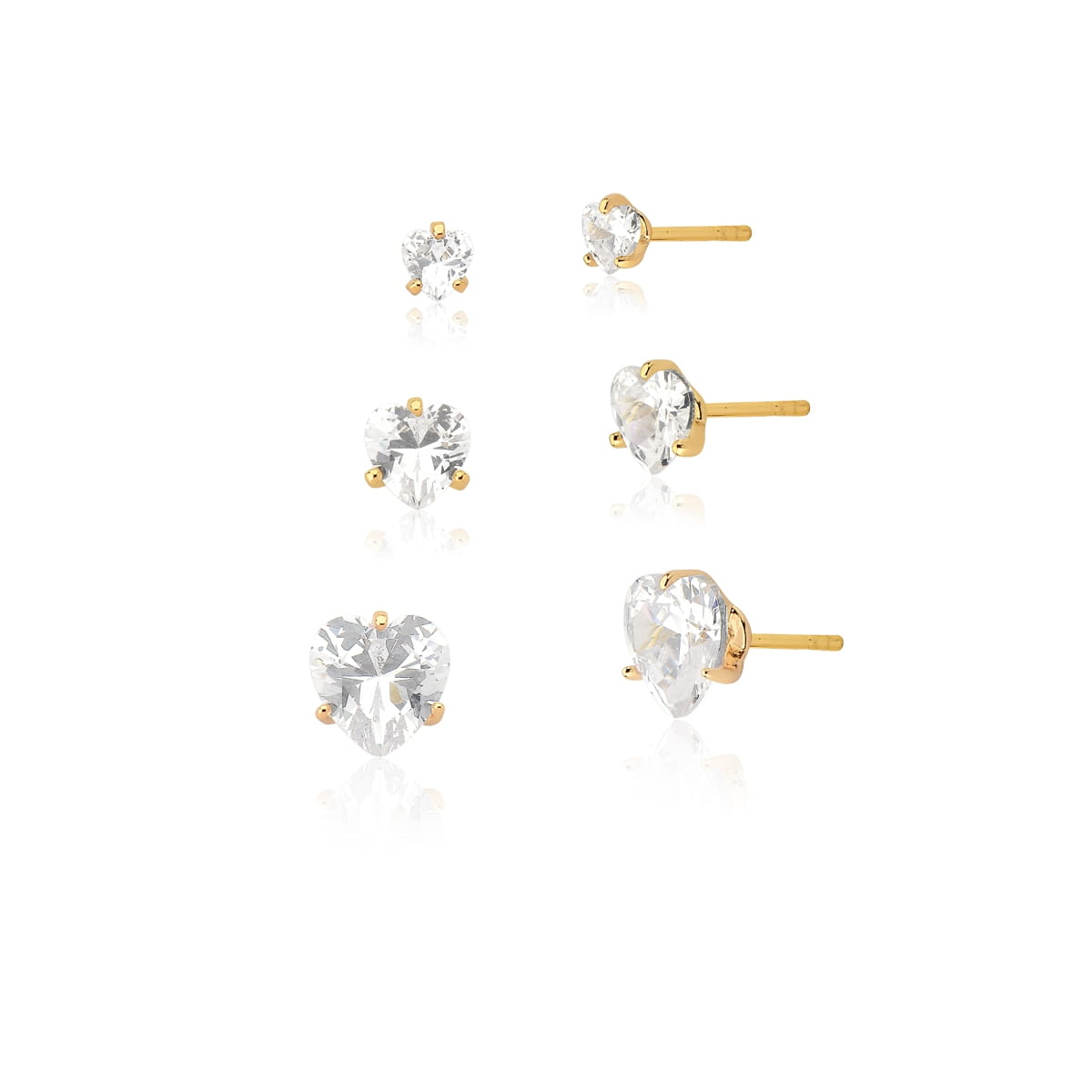Kit Três Pares de Brincos Cristal Coração Branco Folheado a Ouro