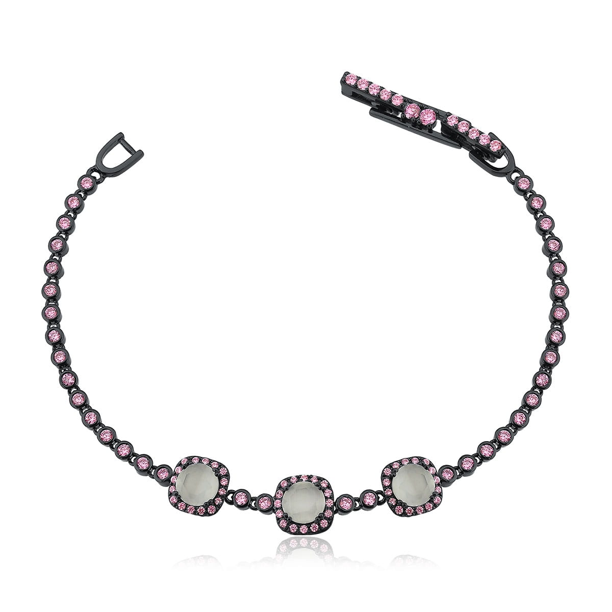 Pulseira com Cristais Rosas Banhada a Ródio Negro