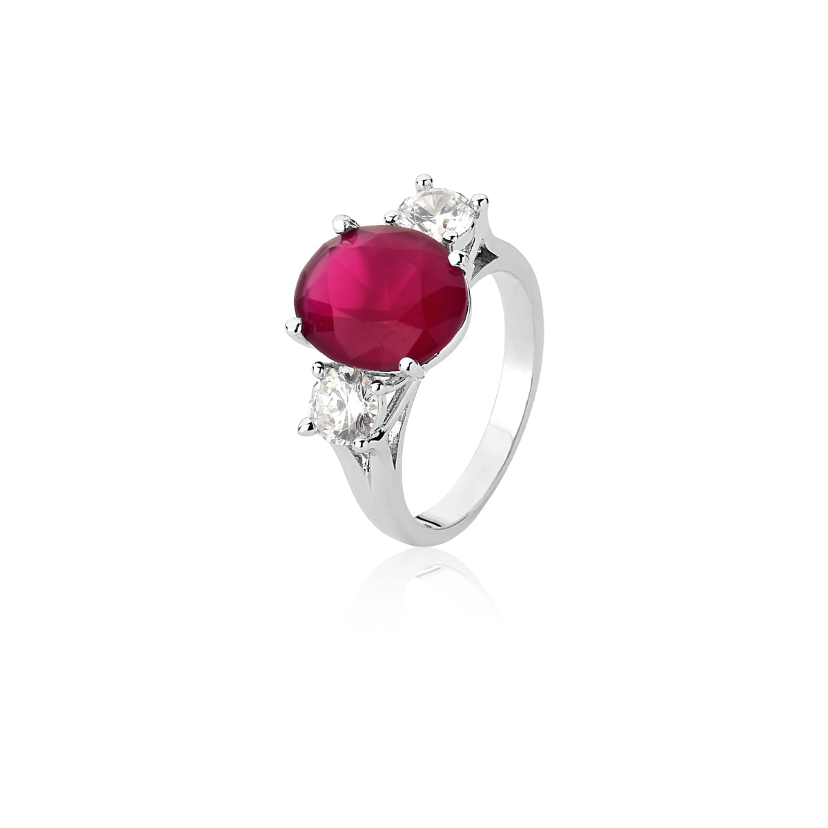 Anel com Cristal Oval na Cor Rubi Banhado a Ródio