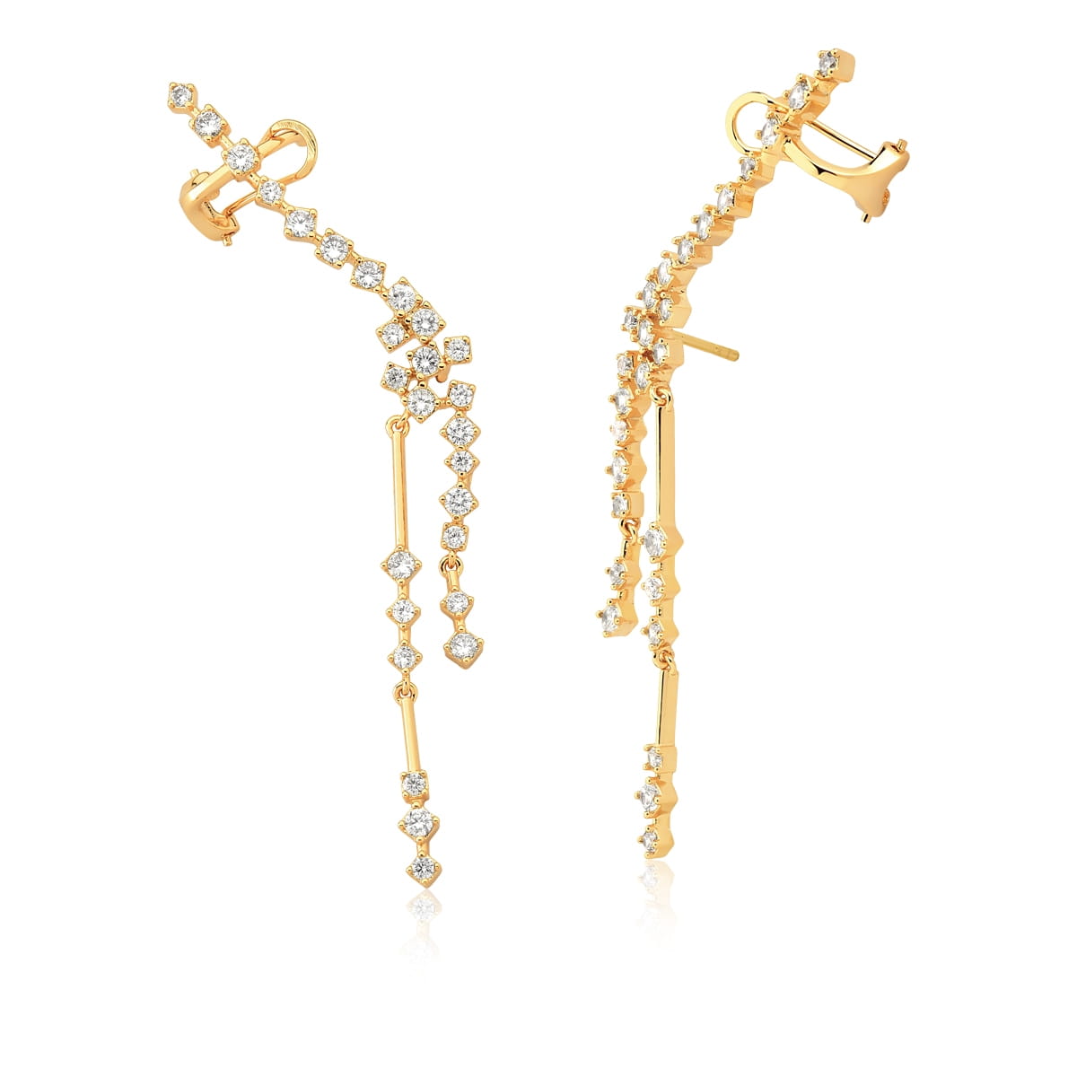 Brinco Ear Cuff Pêndulo com Zircônias Brancas Banhado a Ouro