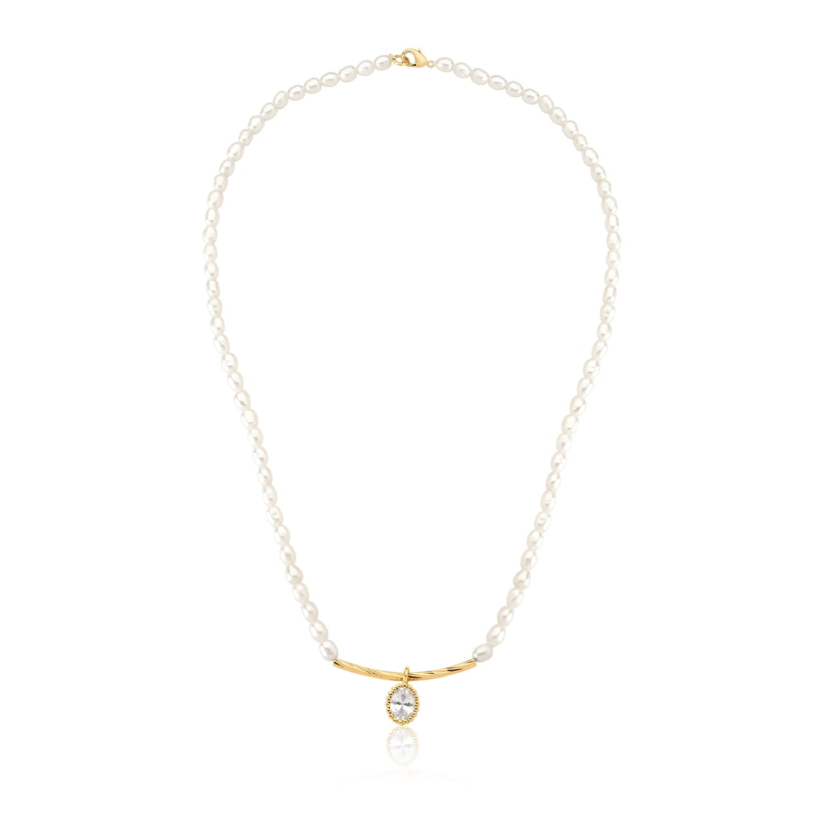 Colar com Pérolas e Pingente Curvo com Cristal Banhado a Ouro