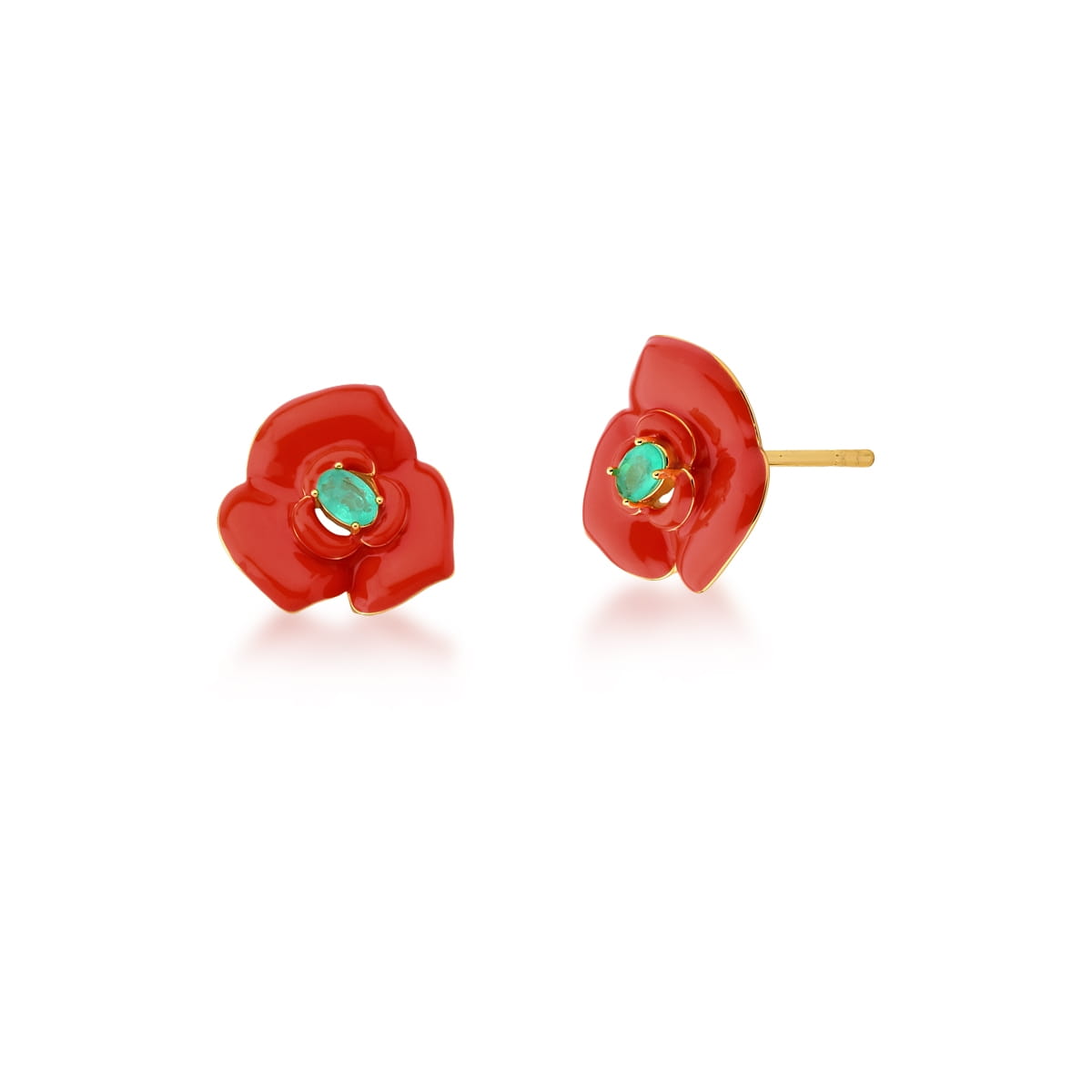 Brinco de Flor Esmaltado Vermelho e Turmalina Banhado a Ouro
