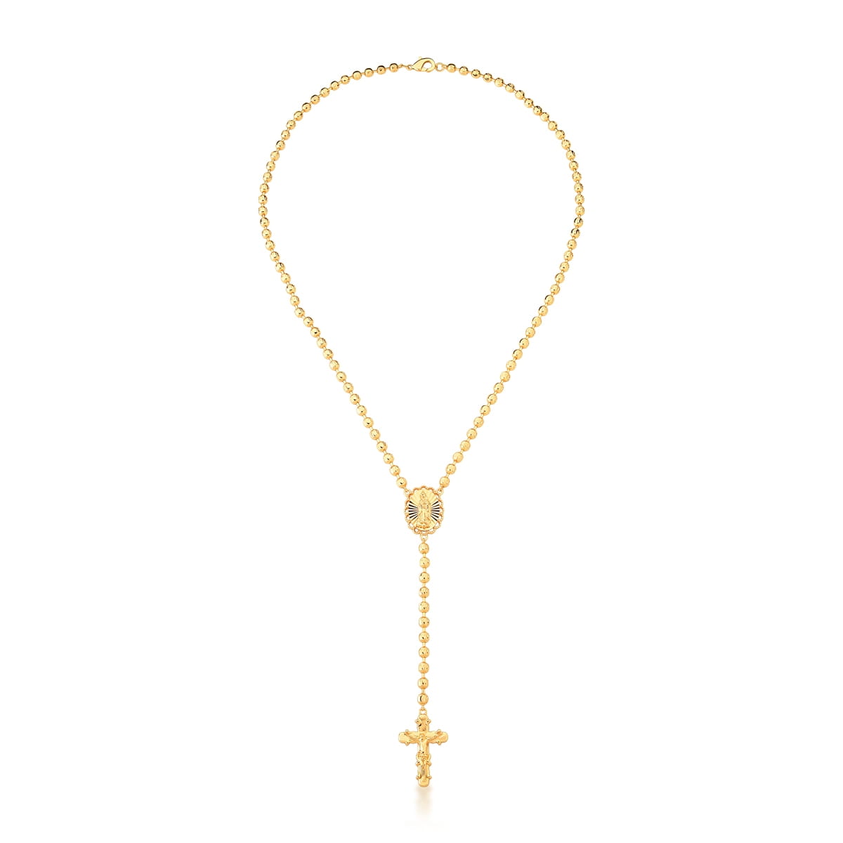 Colar Terço com Imagem Religiosa e Bolinhas Lisas Banhado a Ouro