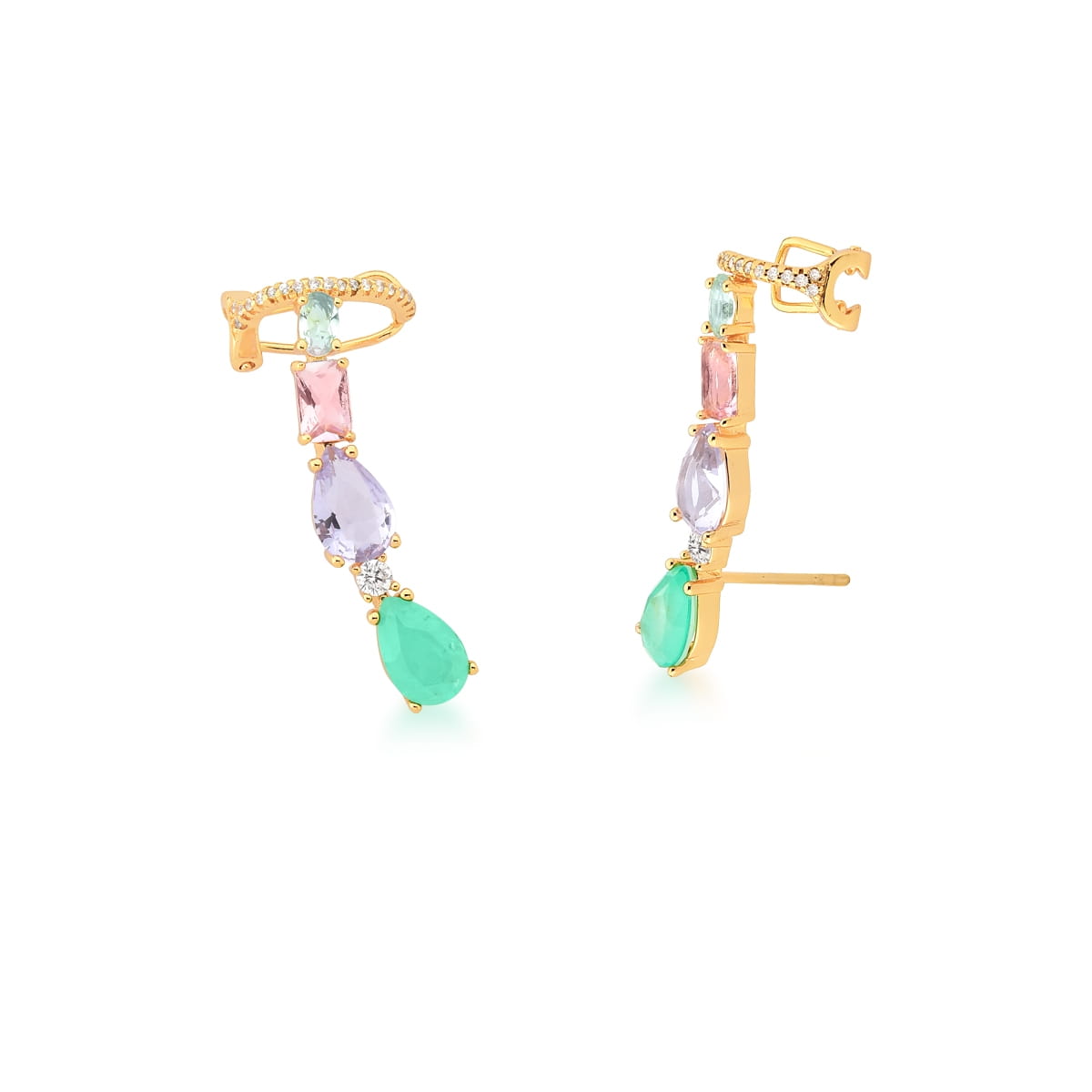 Brinco Ear Cuff com Cristais Coloridos Banhado a Ouro