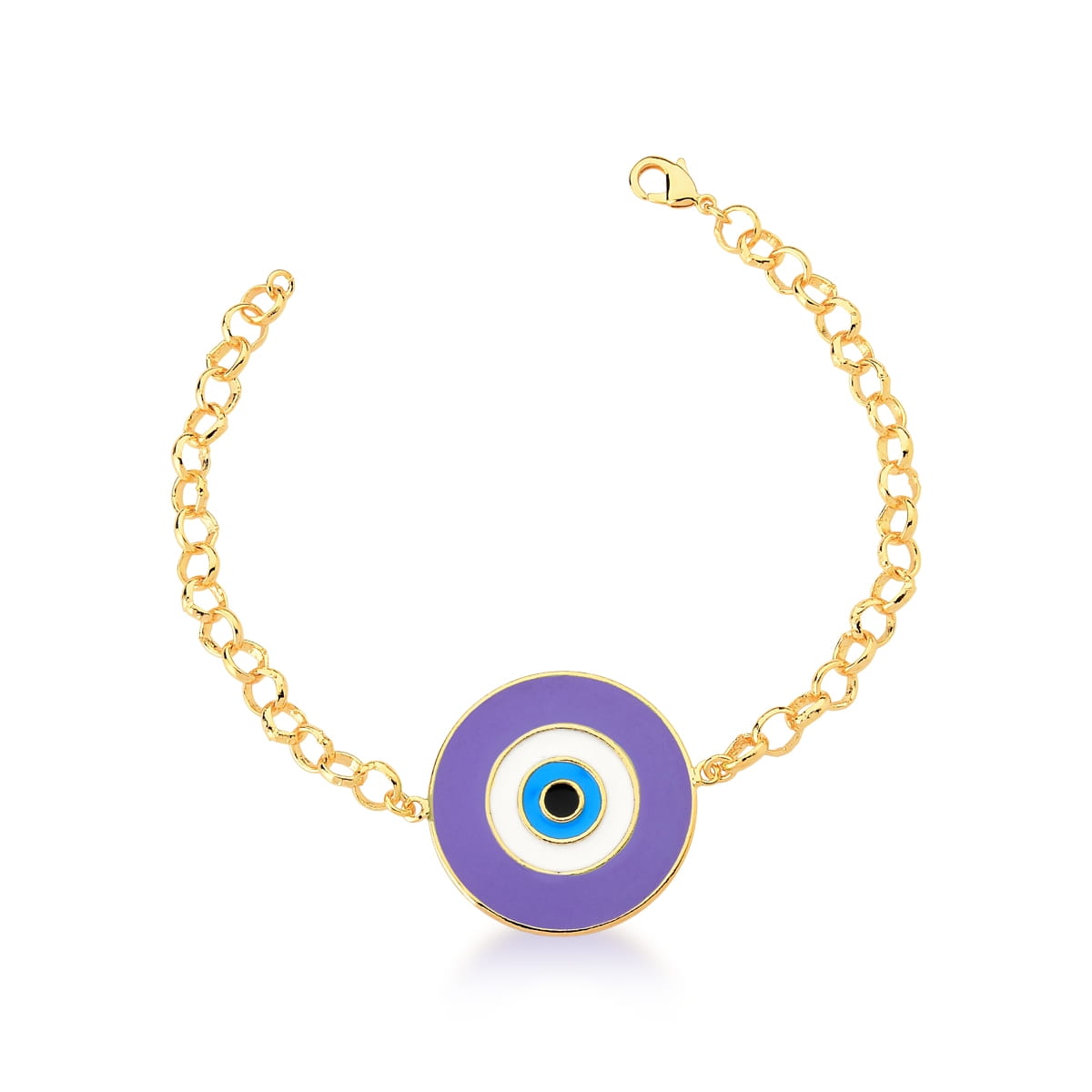 Pulseira com Elos e Pingente de Olho Lilás Banhada a Ouro