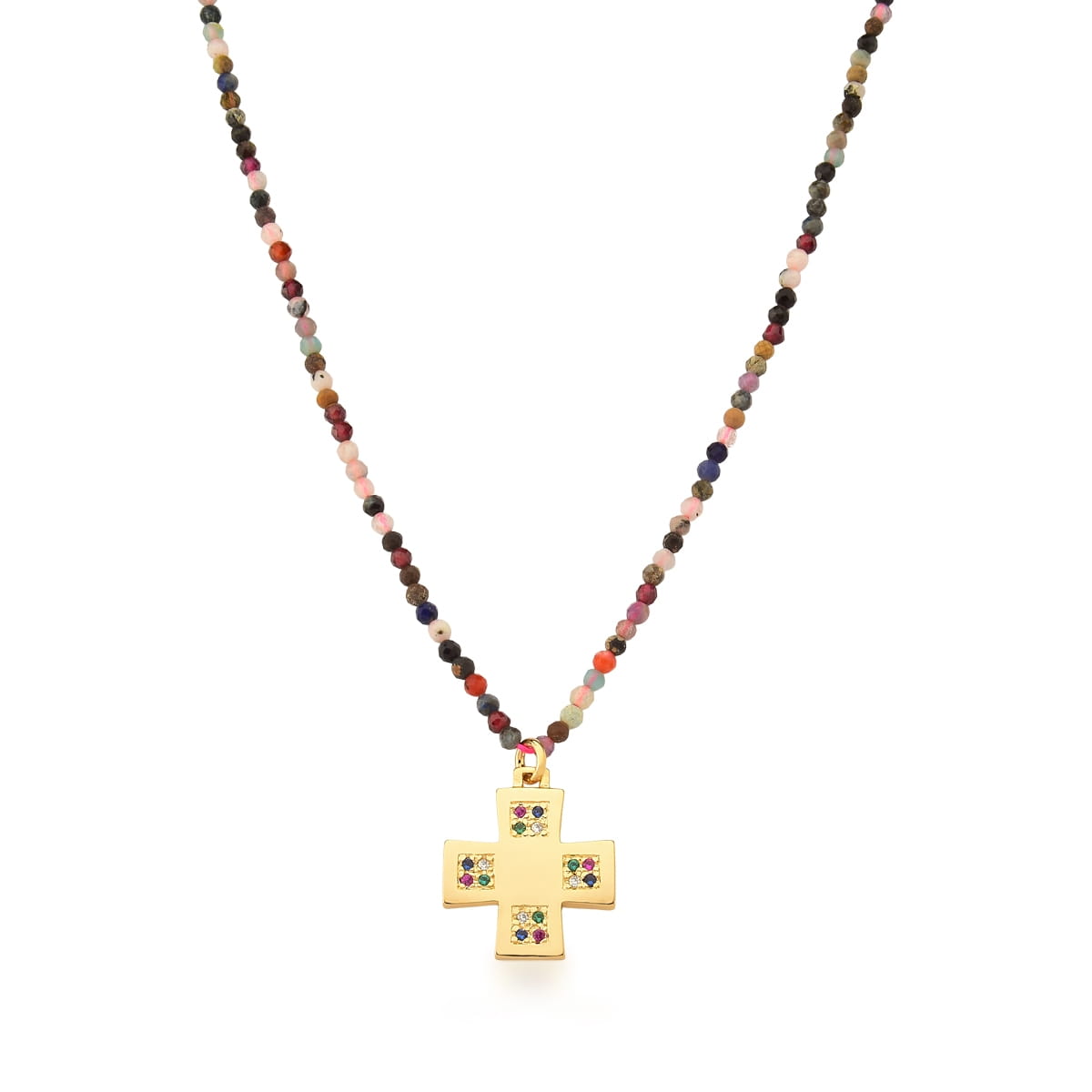 Corrente com Pingente de Cruz Colorida Banhada a Ouro