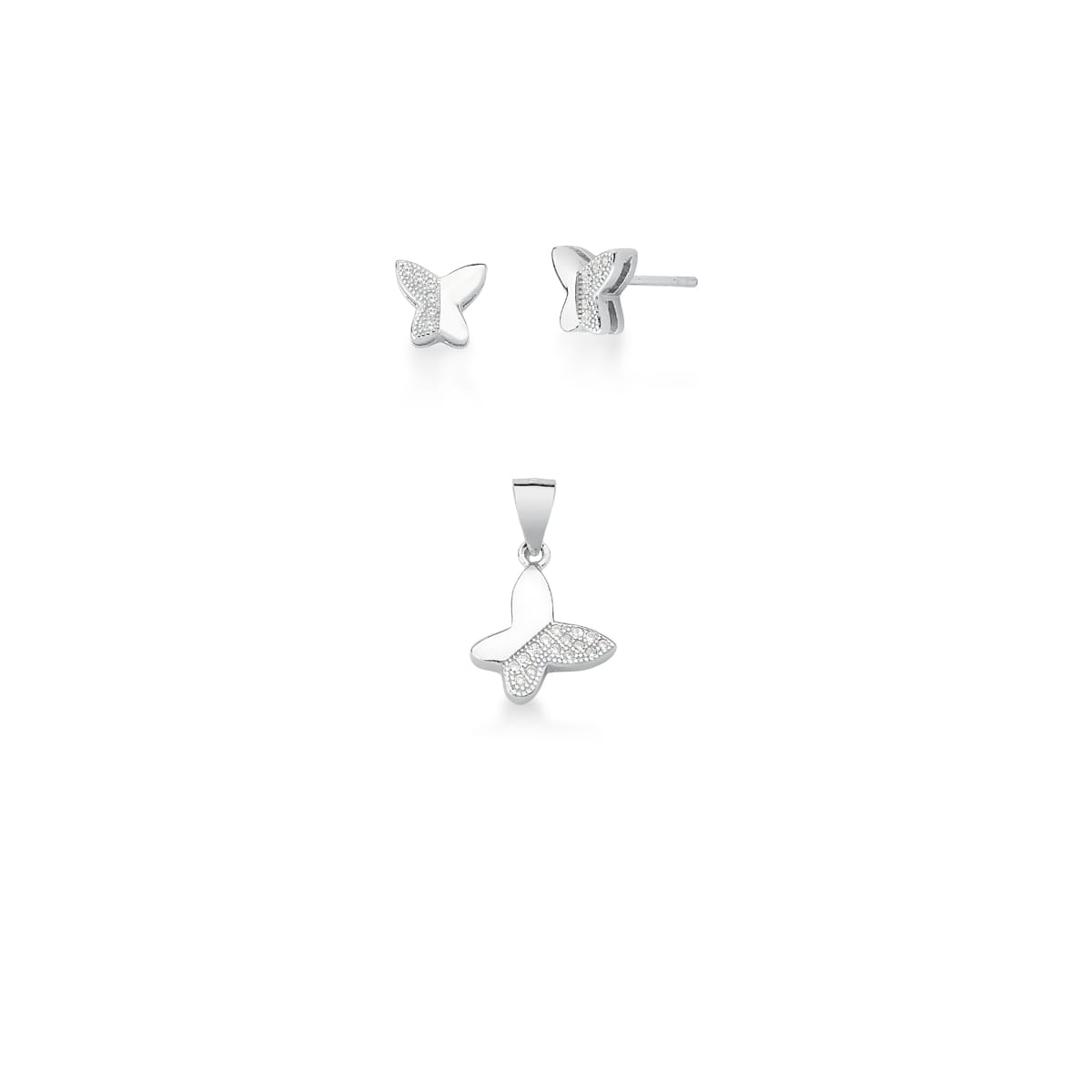 Conjunto Brinco e Pingente de Borboleta Branco Prata Rodinada