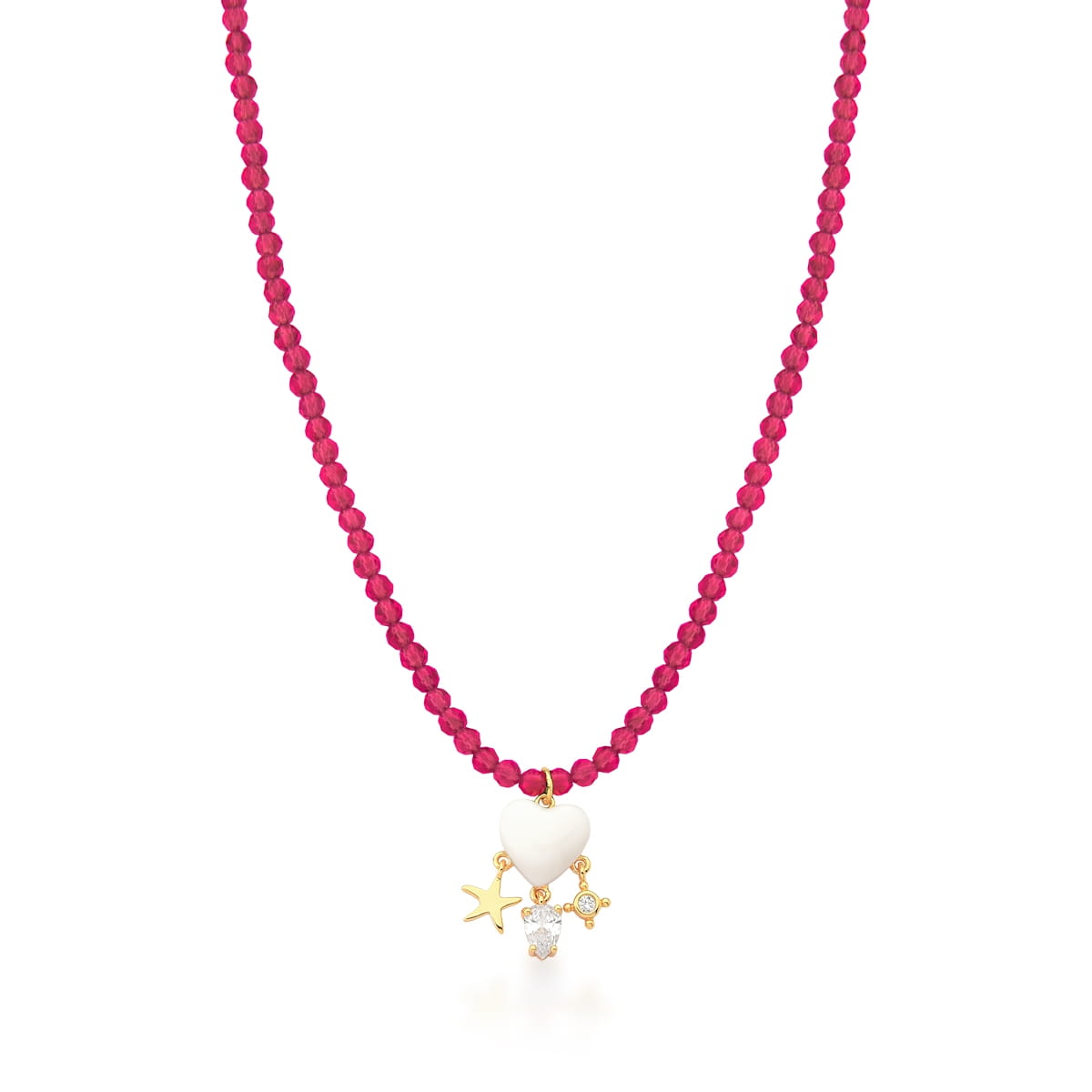 Colar Cristais Búlgaros Pink Pingente Coração Banhado a Ouro