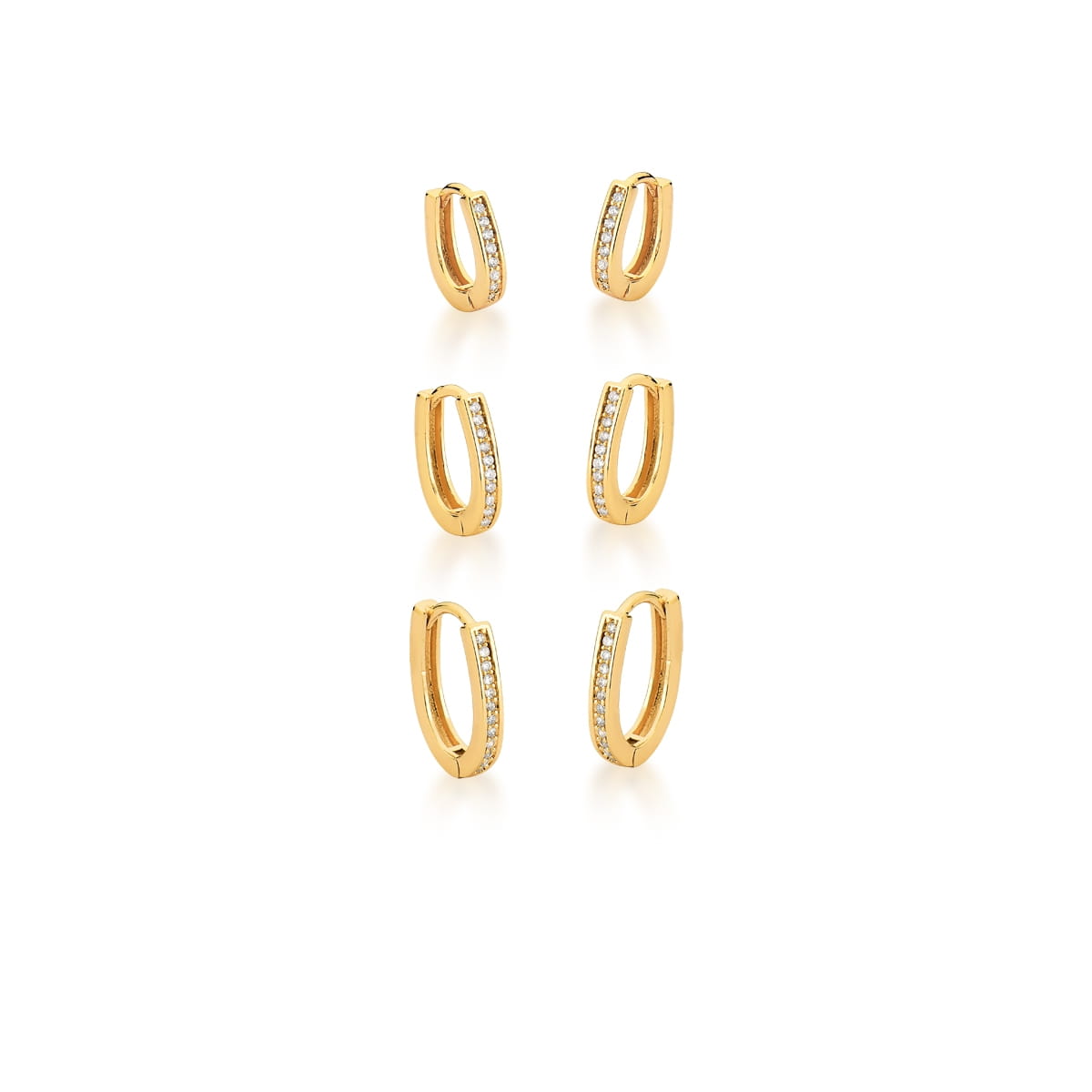 Kit Três Pares de Argola Oval Zircônias Brancas Banhado a Ouro