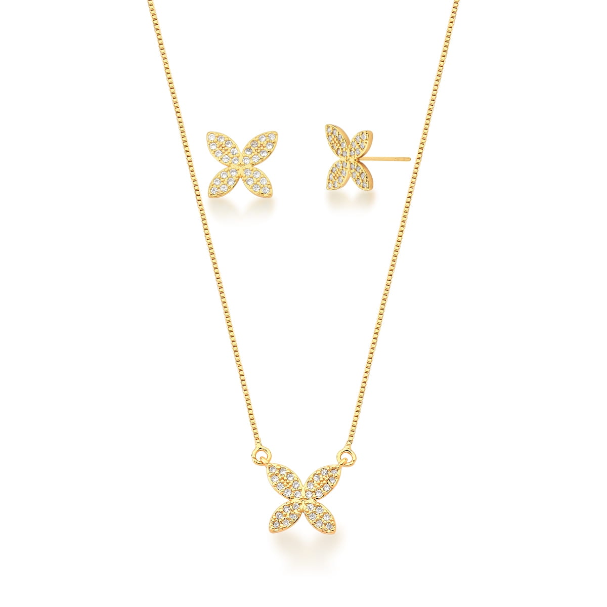 Conjunto Brinco e Corrente com Pingente Flor Banhada a Ouro