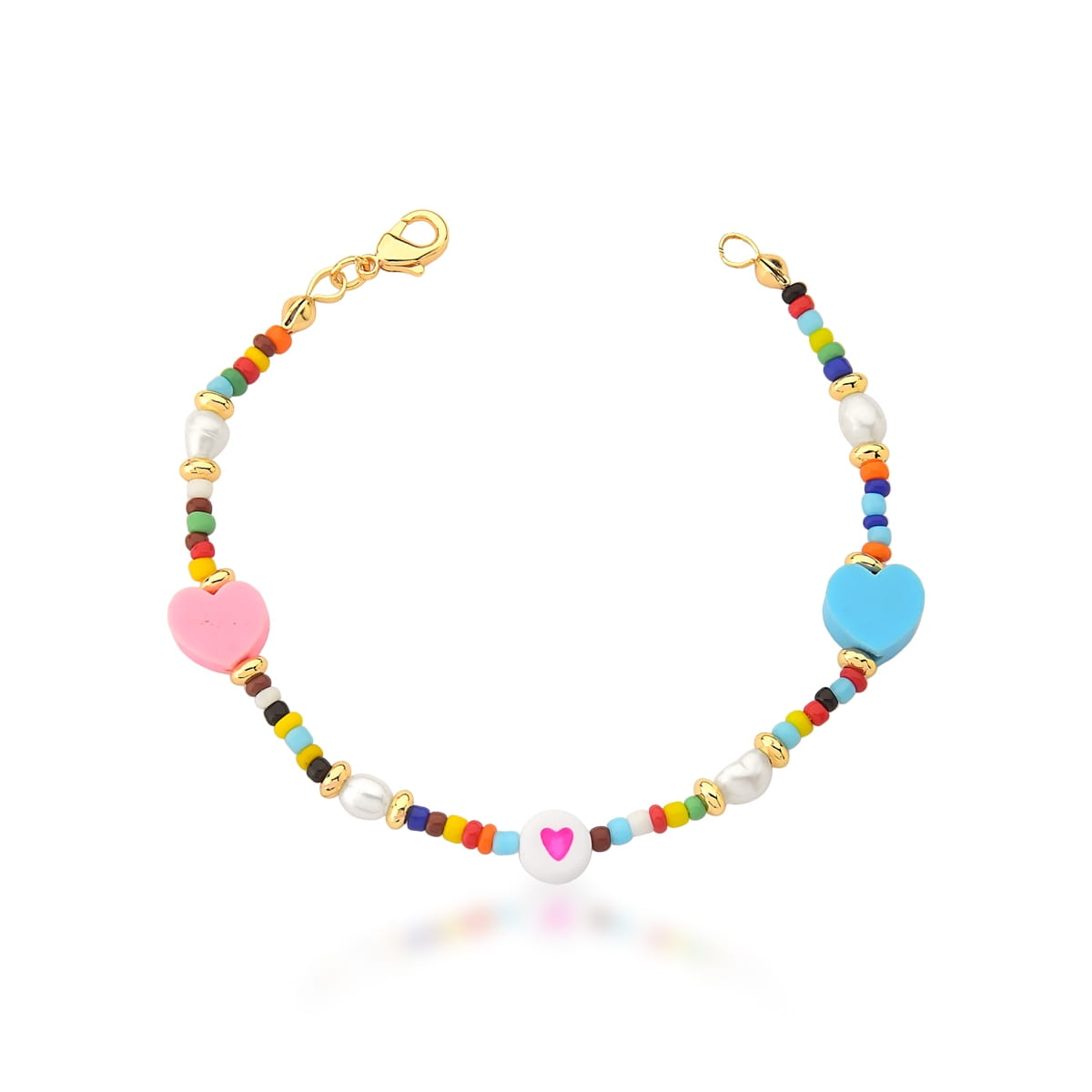 Pulseira com Corações Coloridos e Missangas Banhada a Ouro