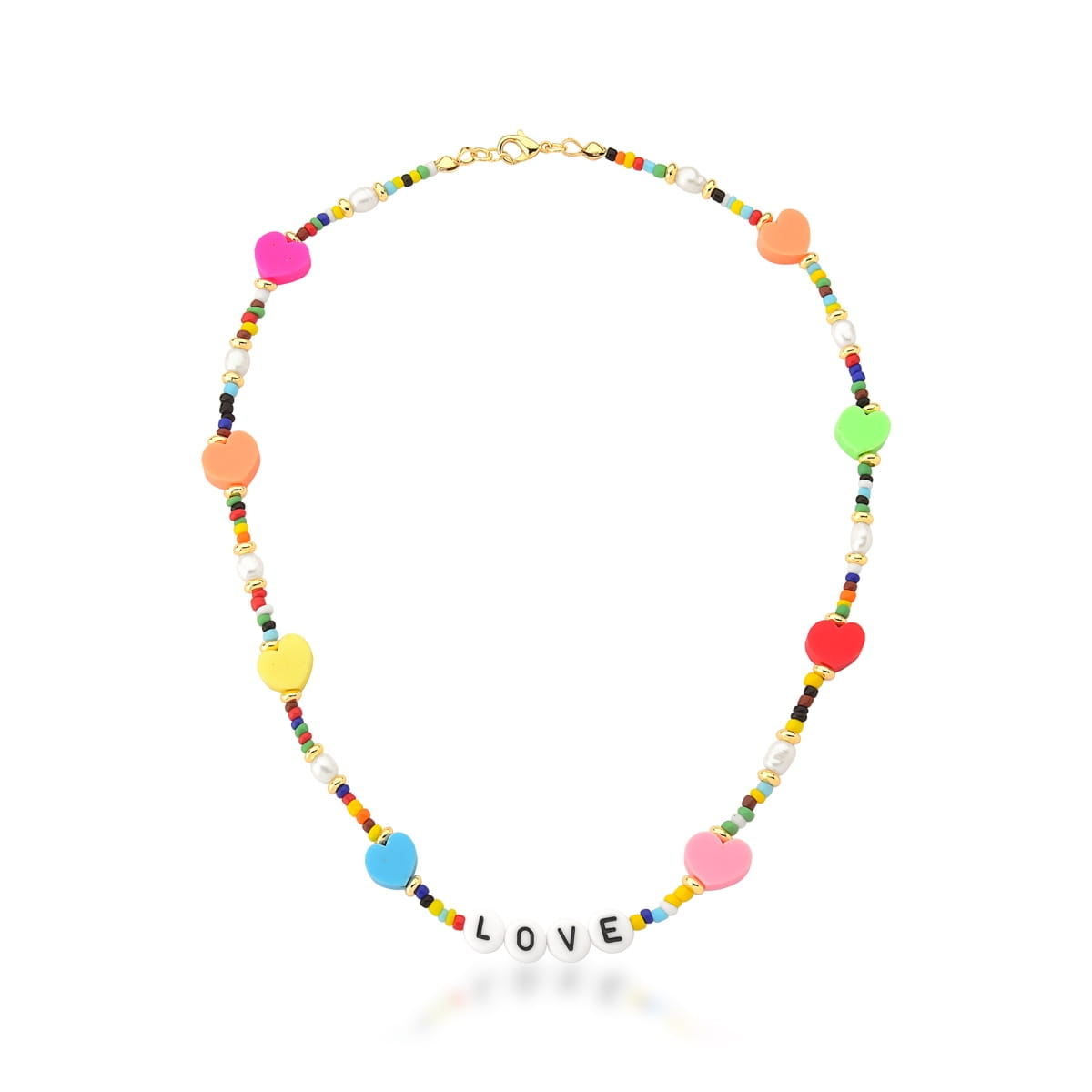 Colar com Escrita Love e Corações Coloridos Banhado a Ouro