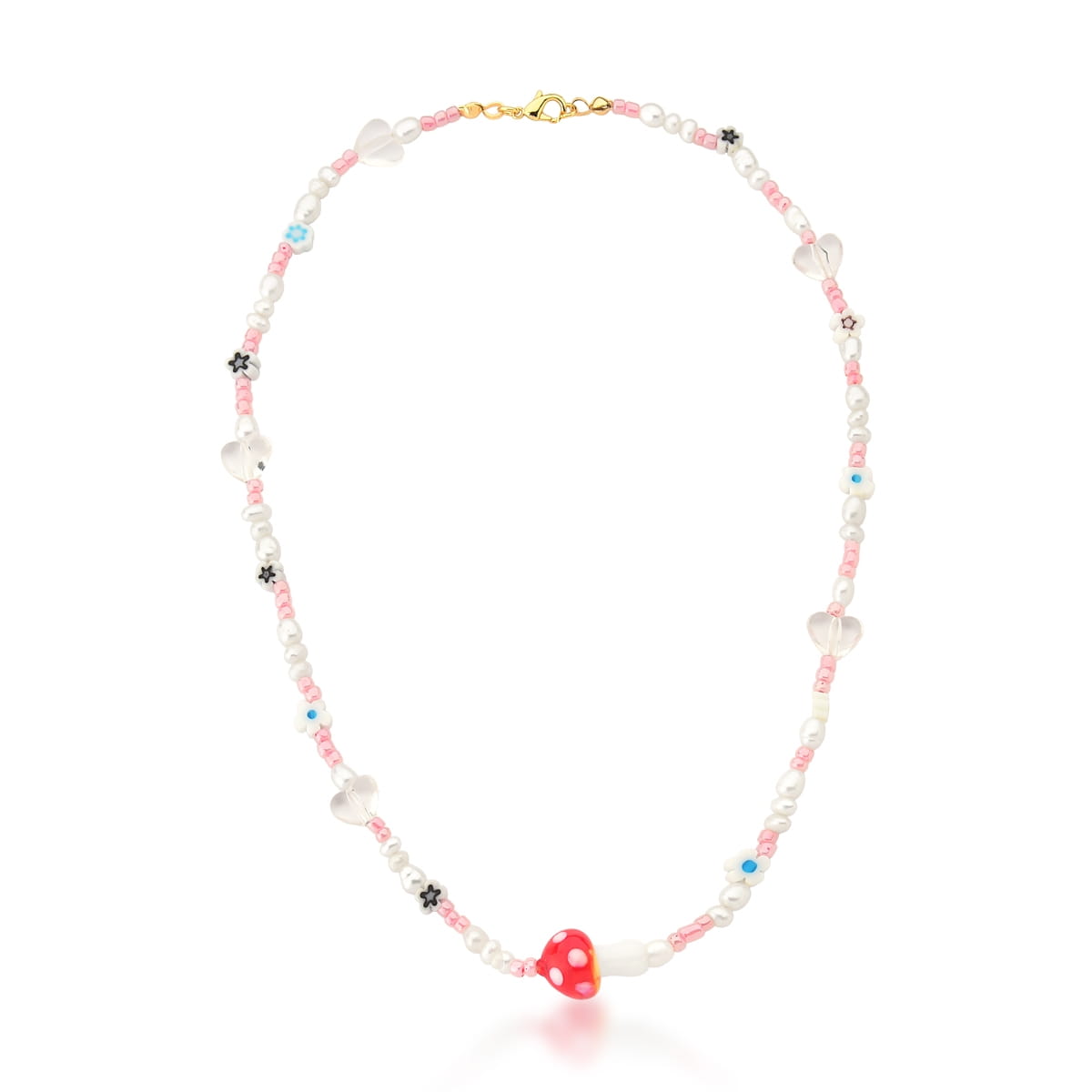 Colar com Pingente de Cogumelo e Flores Banhado a Ouro