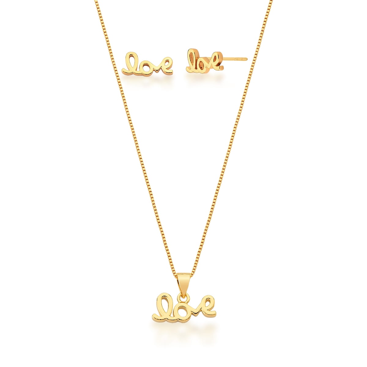 Conjunto Brinco e Corrente com Pingente Love Banhado a Ouro