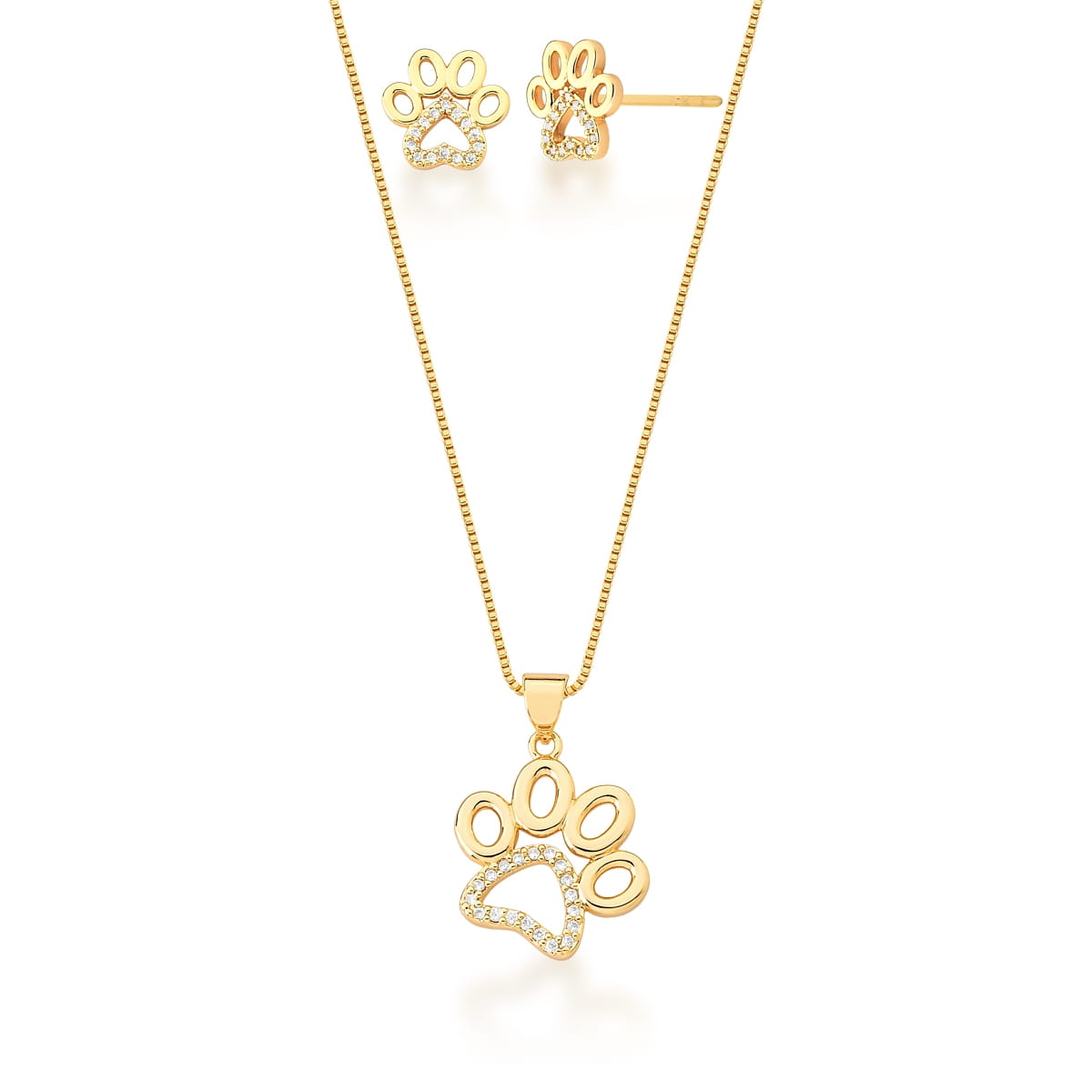 Conjunto Brinco e Corrente com Pingente Pata Banhado a Ouro