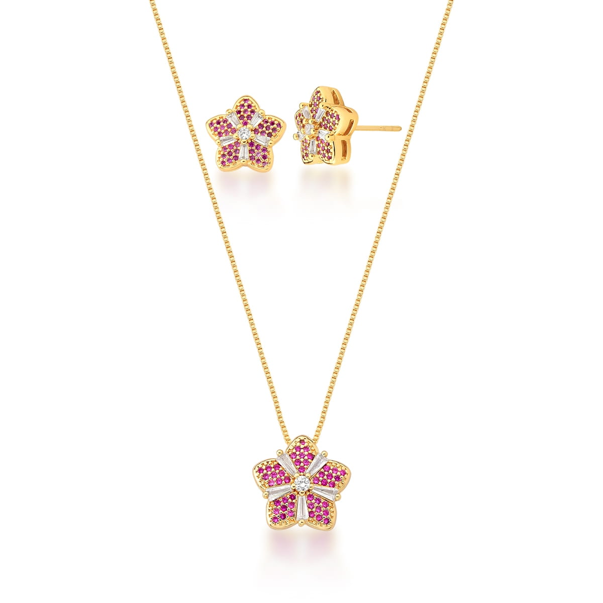Conjunto Brinco e Corrente com Pingente Flor Banhado a Ouro