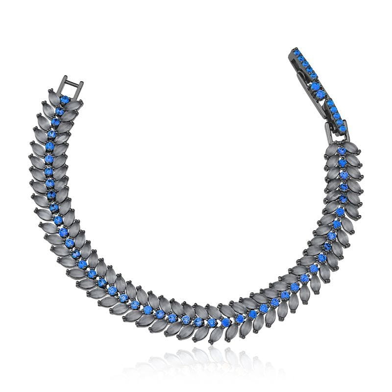 Pulseira Folha Com Zircônias Azuis Folheada a Ródio Negro