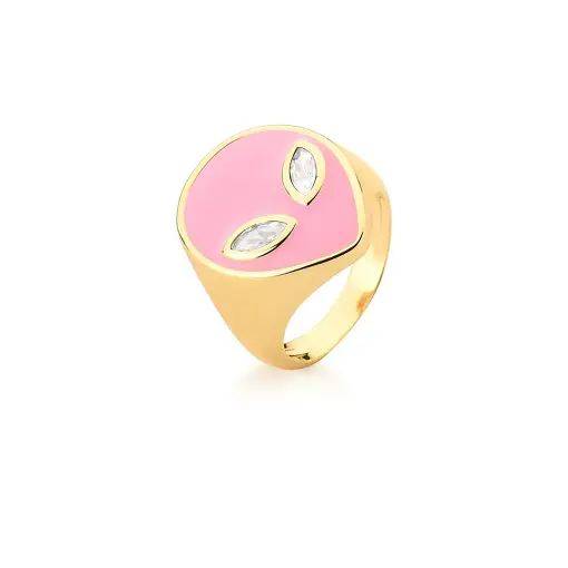 ANEL COM IMAGEM DE ALIENÍGENA ESMALTADO ROSA BANHADO A OURO
