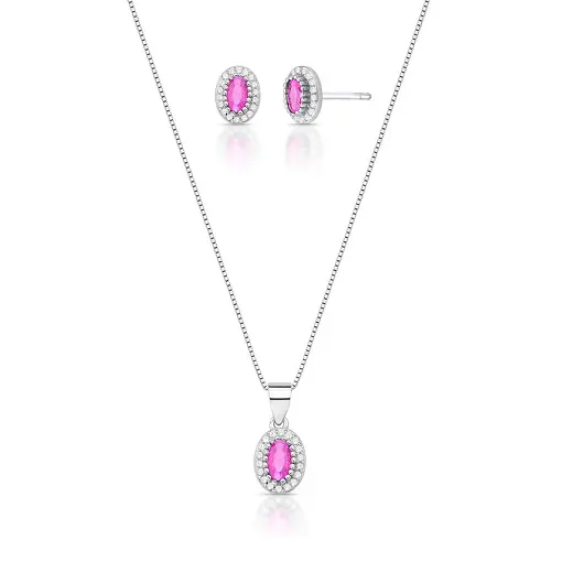 CONJUNTO BRINCO E COLAR COM CRISTAL OVAL EM PRATA RODINADA