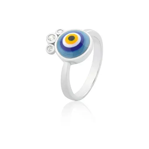 ANEL COM OLHO GREGO REDONDO ESMALTADO AZUL PRATA RODINADA