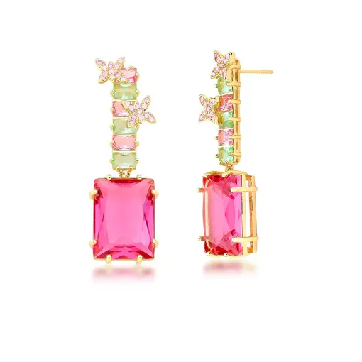 BRINCO PÊNDULO COM CRISTAIS RETANGULARES BANHADO A OURO